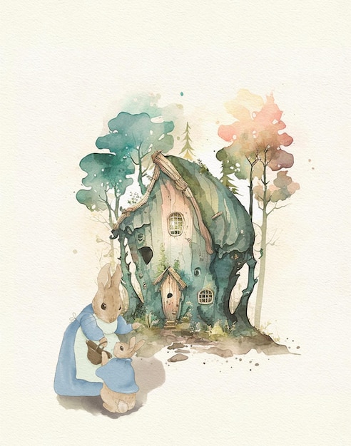 dessin à l'aquarelle d'une maison en bois dans la forêt et d'un lapin, d'une maison de village, d'une maison pour un rabb