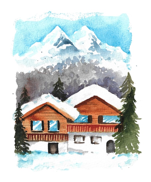 Photo dessin aquarellé d'une maison à la montagne maison en bois au milieu de la forêt sur fond de montagnes enneigées