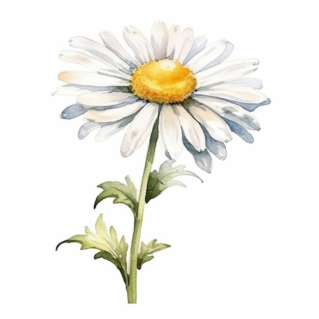 Un dessin à l'aquarelle d'une marguerite avec une tige verte.