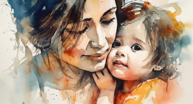 Un dessin à l'aquarelle d'une mère et d'un enfant ensemble illustration avec ai générative