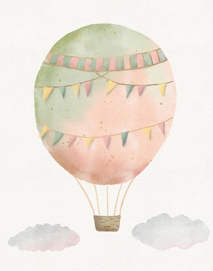 Photo dessin à l'aquarelle d'une montgolfière vintage, voyage en avion