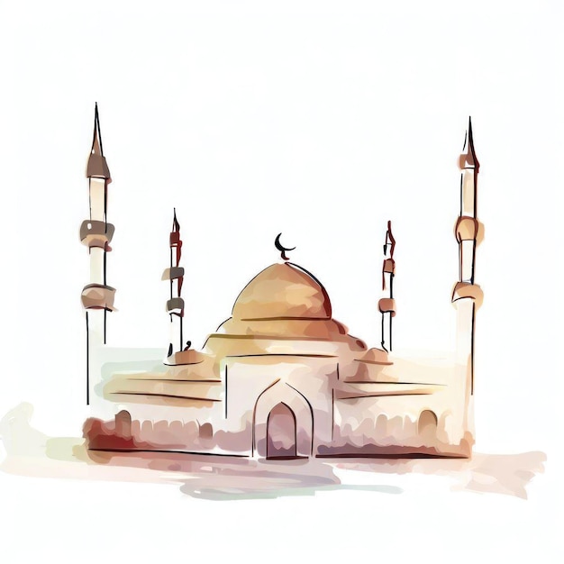 Un dessin à l'aquarelle d'une mosquée avec un dôme bleu et le mot mosquée dessus.