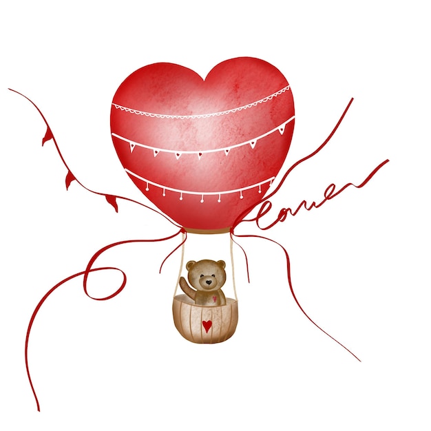 Dessin à l'aquarelle d'un ours mignon dans un ballon en forme de cœur bien isolé sur un fond blanc