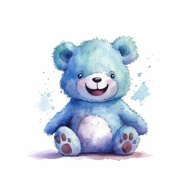 Un dessin à l'aquarelle d'un ours en peluche bleu.