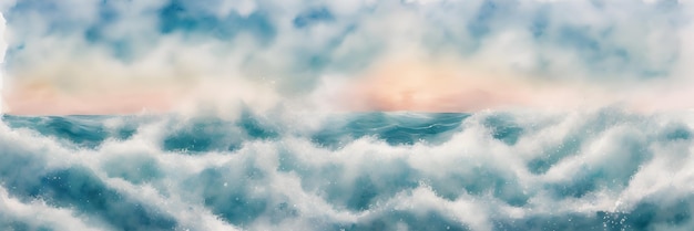 Dessin à l'aquarelle d'un paysage marin mer vagues coucher de soleil ciel ai génération vue panoramique