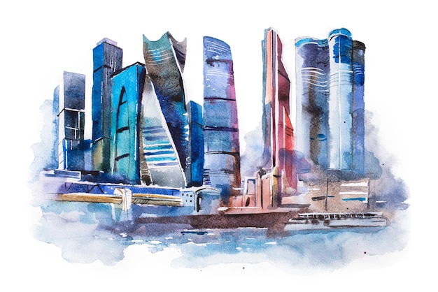 Dessin à l'aquarelle de la peinture à l'aquarelle du centre d'affaires international de la ville de Moscou