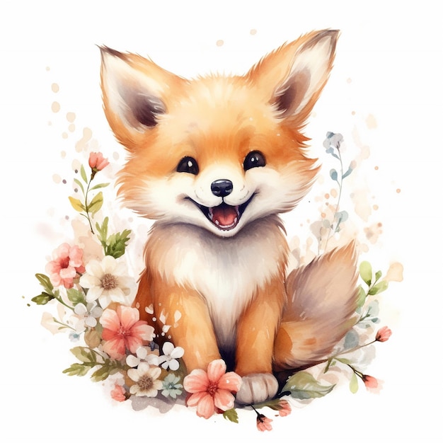 Un dessin à l'aquarelle d'un petit renard entouré de fleurs et de feuilles d'herbe