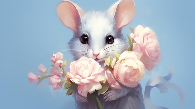 dessin à l'aquarelle d'une petite souris très mignonne avec de grandes oreilles avec une fleur dans ses pattes