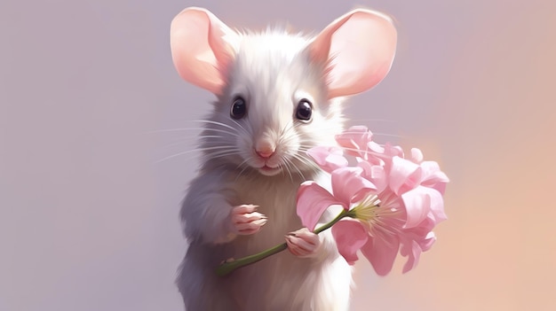 dessin à l'aquarelle d'une petite souris très mignonne avec de grandes oreilles avec une fleur dans ses pattes