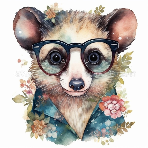 Dessin à l'aquarelle d'un raton laveur avec des lunettes