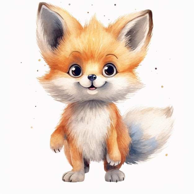 Un dessin à l'aquarelle d'un renard aux yeux bleus.