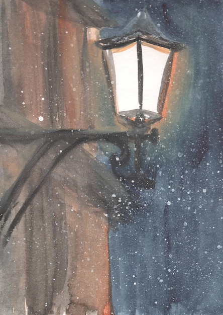 Photo dessin à l'aquarelle avec un réverbère dans la neige la nuit