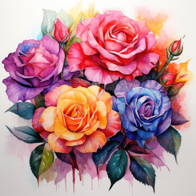 Dessin à l'aquarelle de roses multicolores gros plan généré par ai
