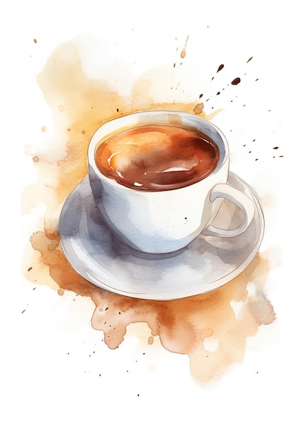 Un dessin à l'aquarelle d'une tasse de café avec des taches brunes et les mots café dessus.