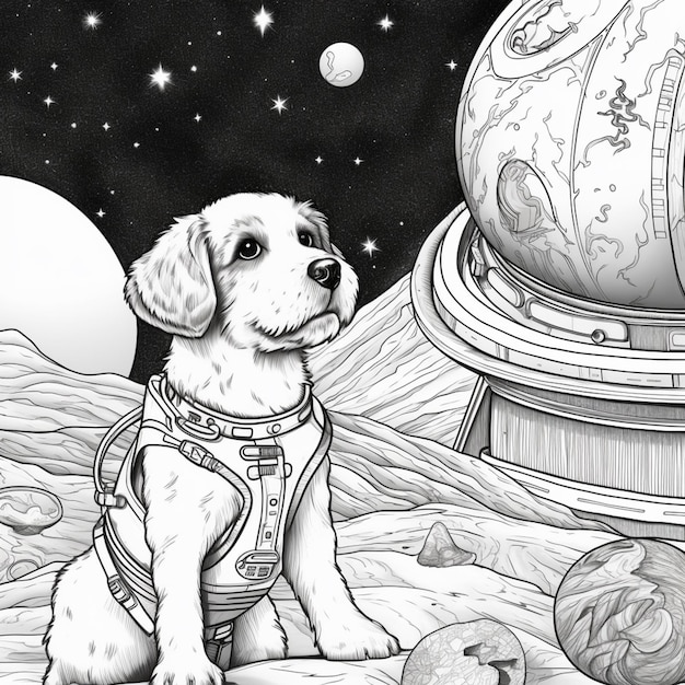 dessin arafé d'un chien assis devant un globe génératif ai