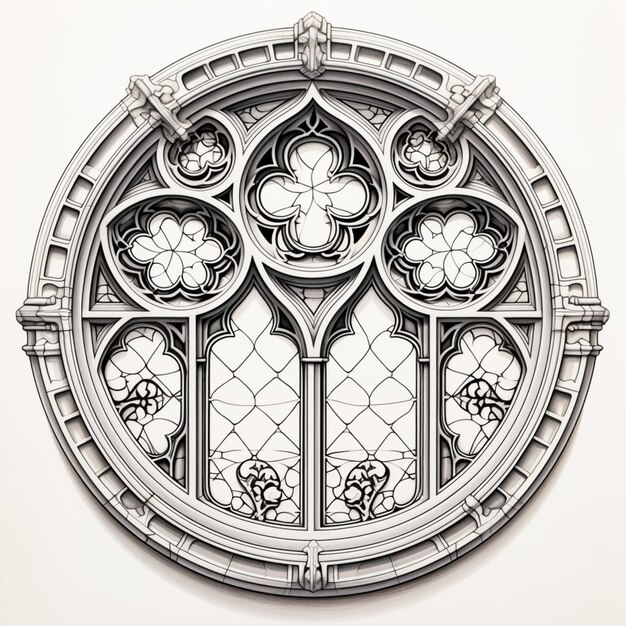 dessin arafé d'une fenêtre gothique avec une croix et une colombe