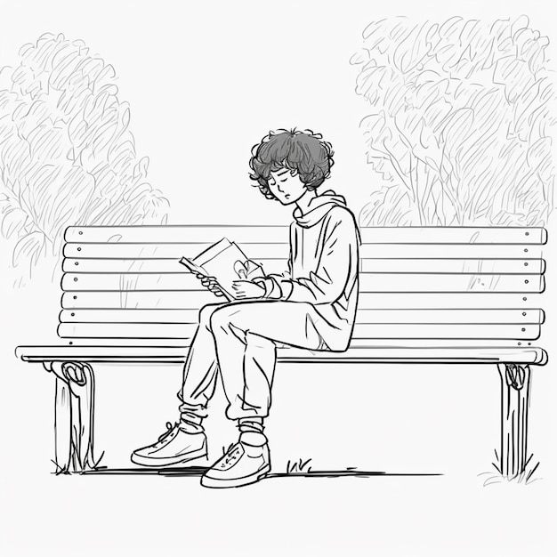Dessin d'Arafed d'un garçon assis sur un banc en train de lire un livre génératif ai