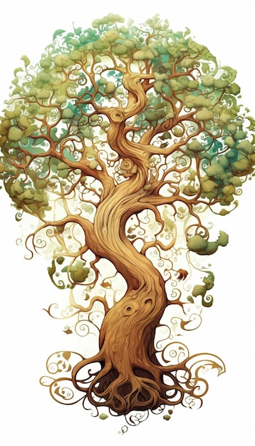 Un dessin d'un arbre avec beaucoup de branches et de feuilles