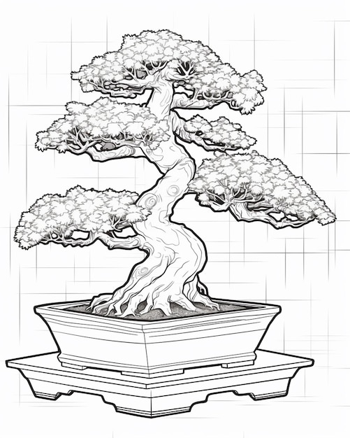 un dessin d'un arbre bonsaï dans un pot sur une table générative ai