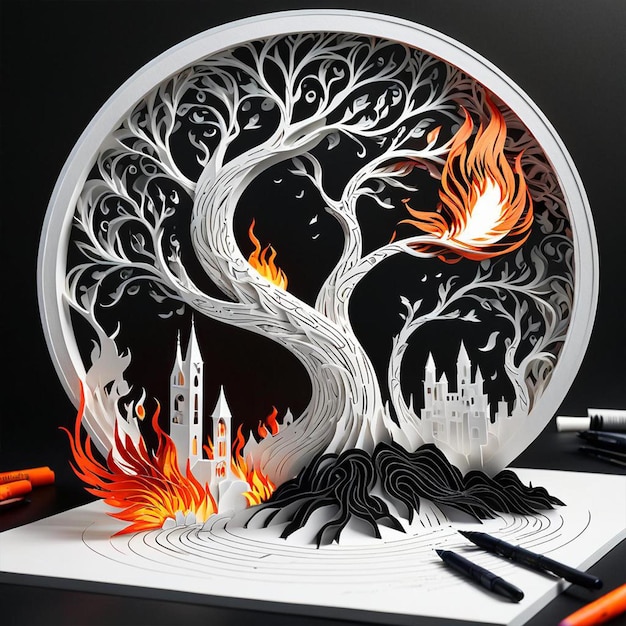 Photo un dessin d'un arbre avec un feu dessus