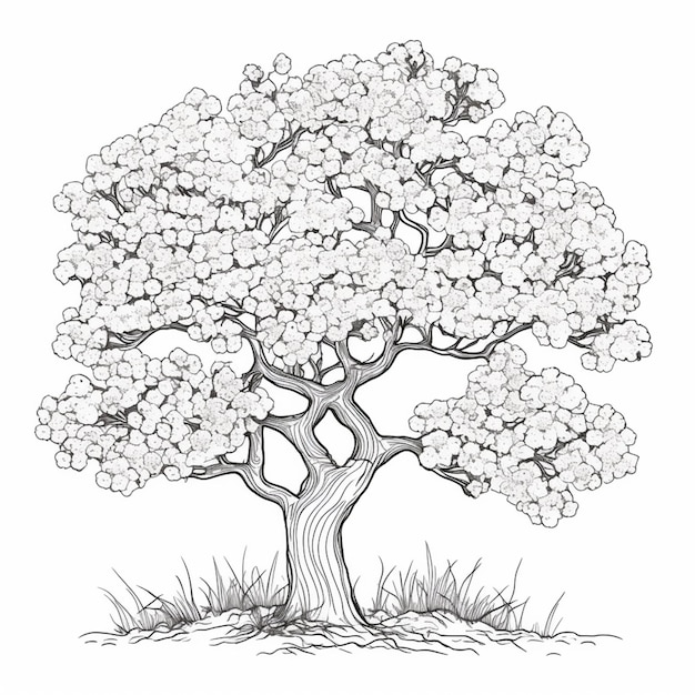 Photo un dessin d'un arbre avec des fleurs blanches dessus