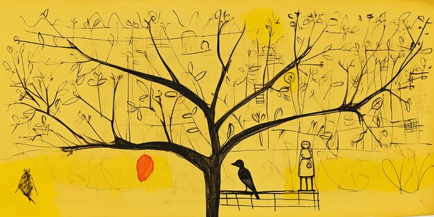 Photo dessin d'arbre et message de la note jaune créative