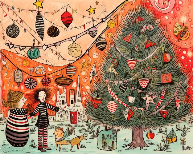 Photo un dessin d'un arbre de noël avec une femme debout à côté de lui