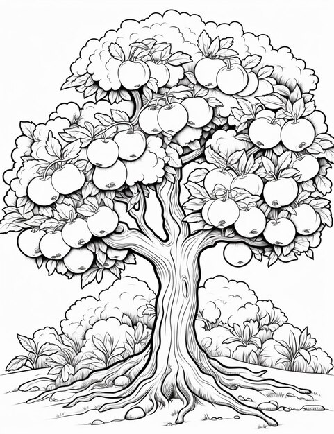 Photo un dessin d'un arbre avec des pommes qui poussent dessus