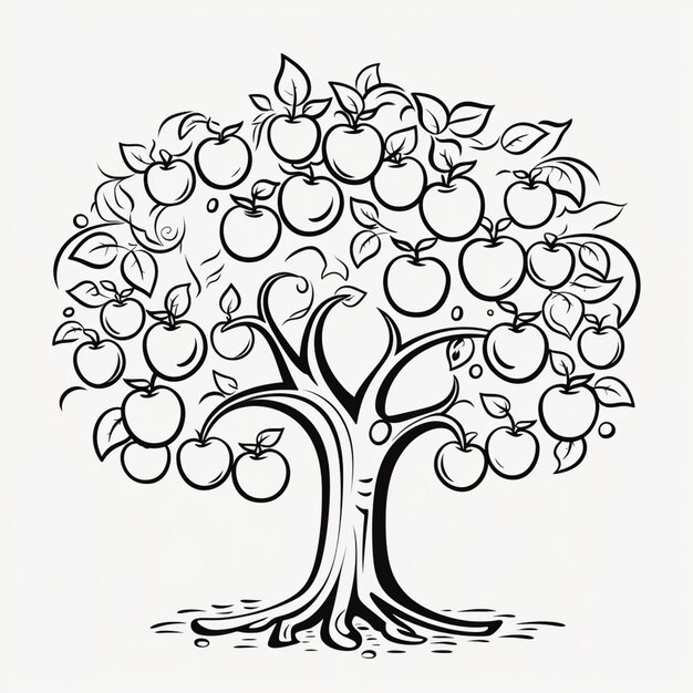 un dessin d'un arbre avec des pommes qui poussent dessus