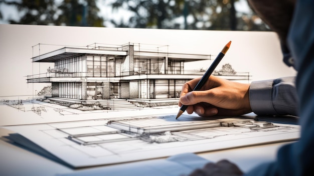 Dessin architectural avec un stylo dans un style d'imagerie commerciale généré par l'IA