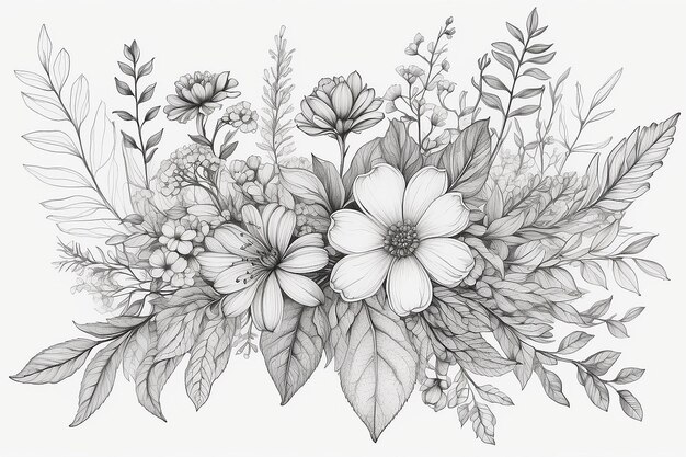 Un dessin d'un arrangement de fleurs avec des feuilles et des fleurs génératives ai