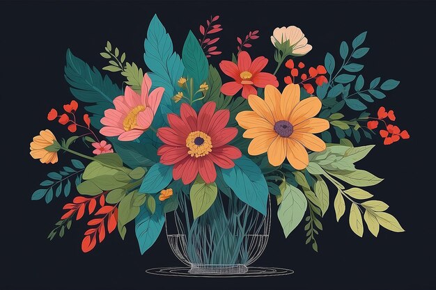 Un dessin d'un arrangement de fleurs avec des feuilles et des fleurs génératives ai