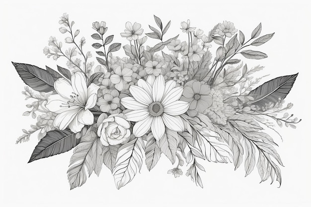 Un dessin d'un arrangement de fleurs avec des feuilles et des fleurs génératives ai