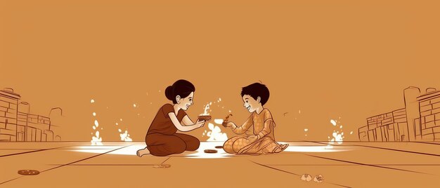 Photo dessin d'art en ligne pour le concept de joyeux diwali enfants de dessin animé jouant des craquelins ai généré