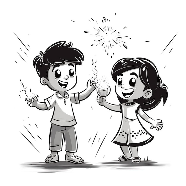 Dessin d'art en ligne pour le concept de joyeux diwali Enfants de dessin animé jouant des craquelins Ai généré