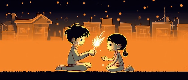 Photo dessin d'art en ligne pour le concept de joyeux diwali enfants de dessin animé jouant des craquelins ai généré