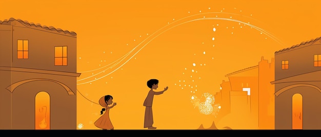 Dessin d'art en ligne pour le concept de joyeux diwali Enfants de dessin animé jouant des craquelins Ai généré