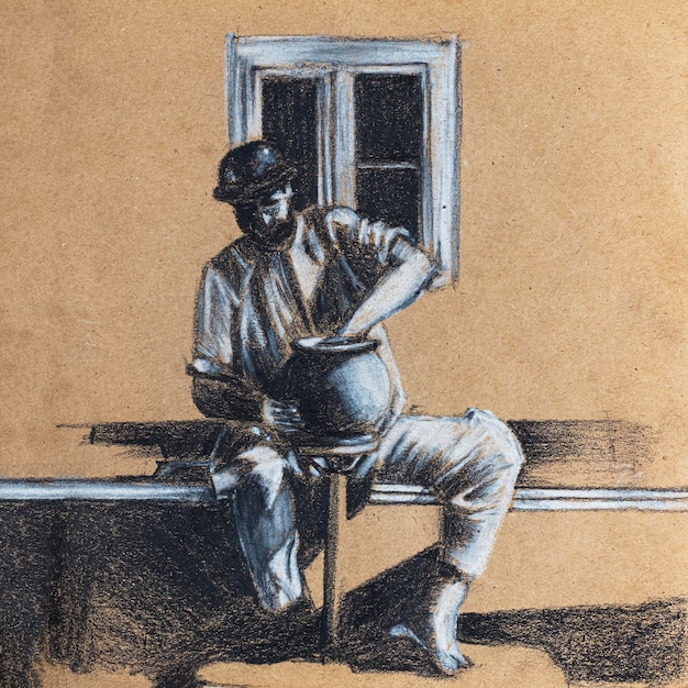 Dessin artistique d'un potier qui fait son travail en dessinant à la main à la craie noire et blanche et au charbon sur du papier beige.