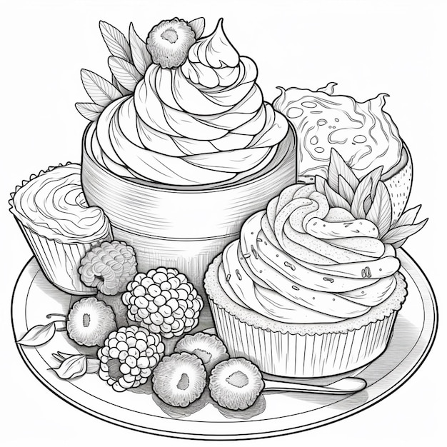 Photo un dessin d'une assiette avec des cupcakes et autres desserts ai génératif