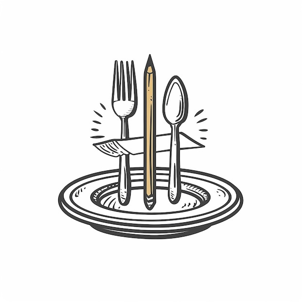 un dessin d'une assiette avec une fourchette et une cuillère