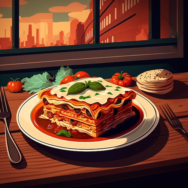 Un dessin d'une assiette de lasagnes avec une vue sur une ville en arrière-plan.