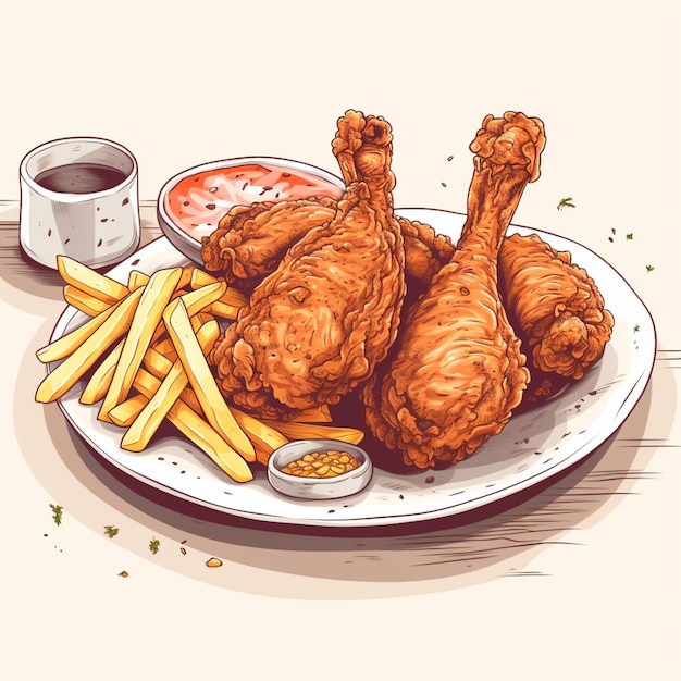 Un dessin d'une assiette de poulet frit et de frites.