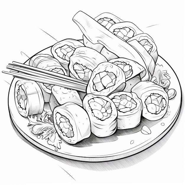 un dessin d'une assiette de sushi avec des baguettes et un morceau de sushi ai génératif