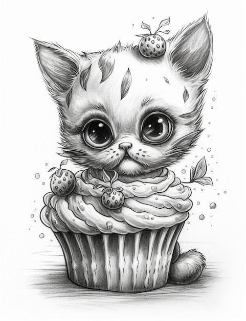 Un dessin au crayon d'un chat avec un cupcake dessus.