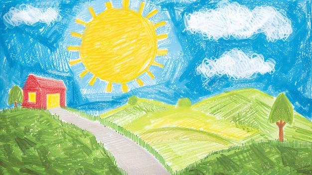 Photo dessin au crayon de child39 du paysage ensoleillé et de la maison rouge