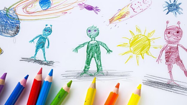 Photo le dessin au crayon de childs de la visite extraterrestre par l'ia générative