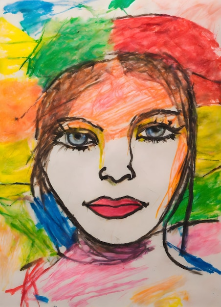 Un dessin au crayon coloré d'une jolie femme dessiné par un enfant de 3 ans.