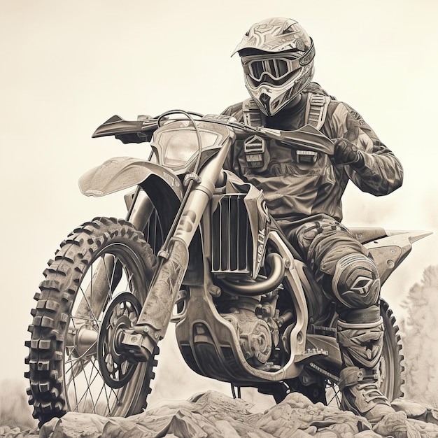 Dessin au crayon échelle de gris d'un pilote de motocross moto cross équitation