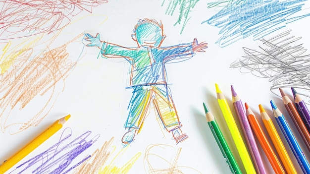 Dessin au crayon d'un enfant naïf dans une scène d'action IA générative