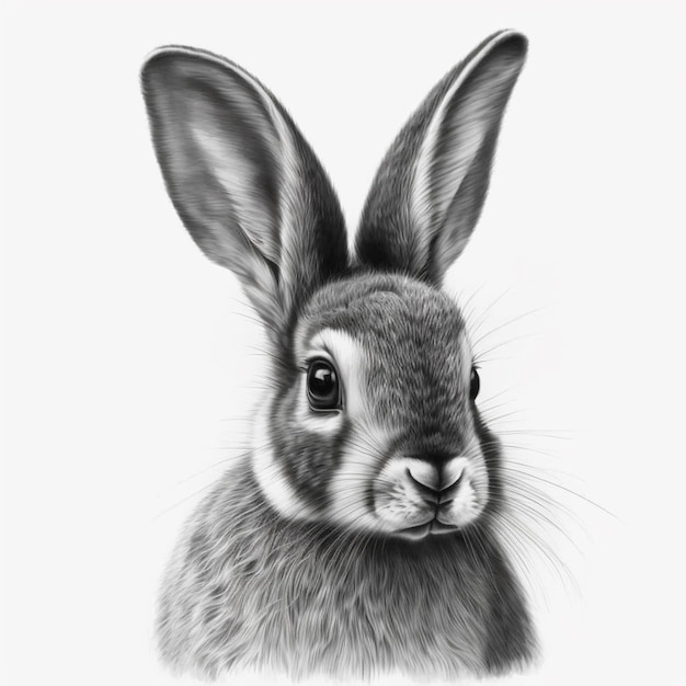 Un dessin au crayon d'un lapin en noir et blanc.